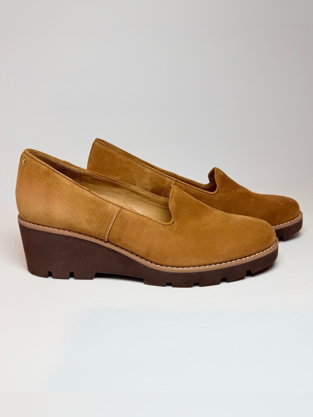 Vionic Willa Wedge Loafers Toffee Leather Suede Round Toe Slip On Shoes Size 10